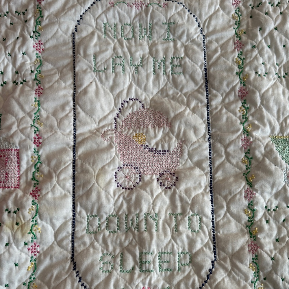 Embroidered vintage  Baby Quilt with Pastel Accents now I lay me down to sleep